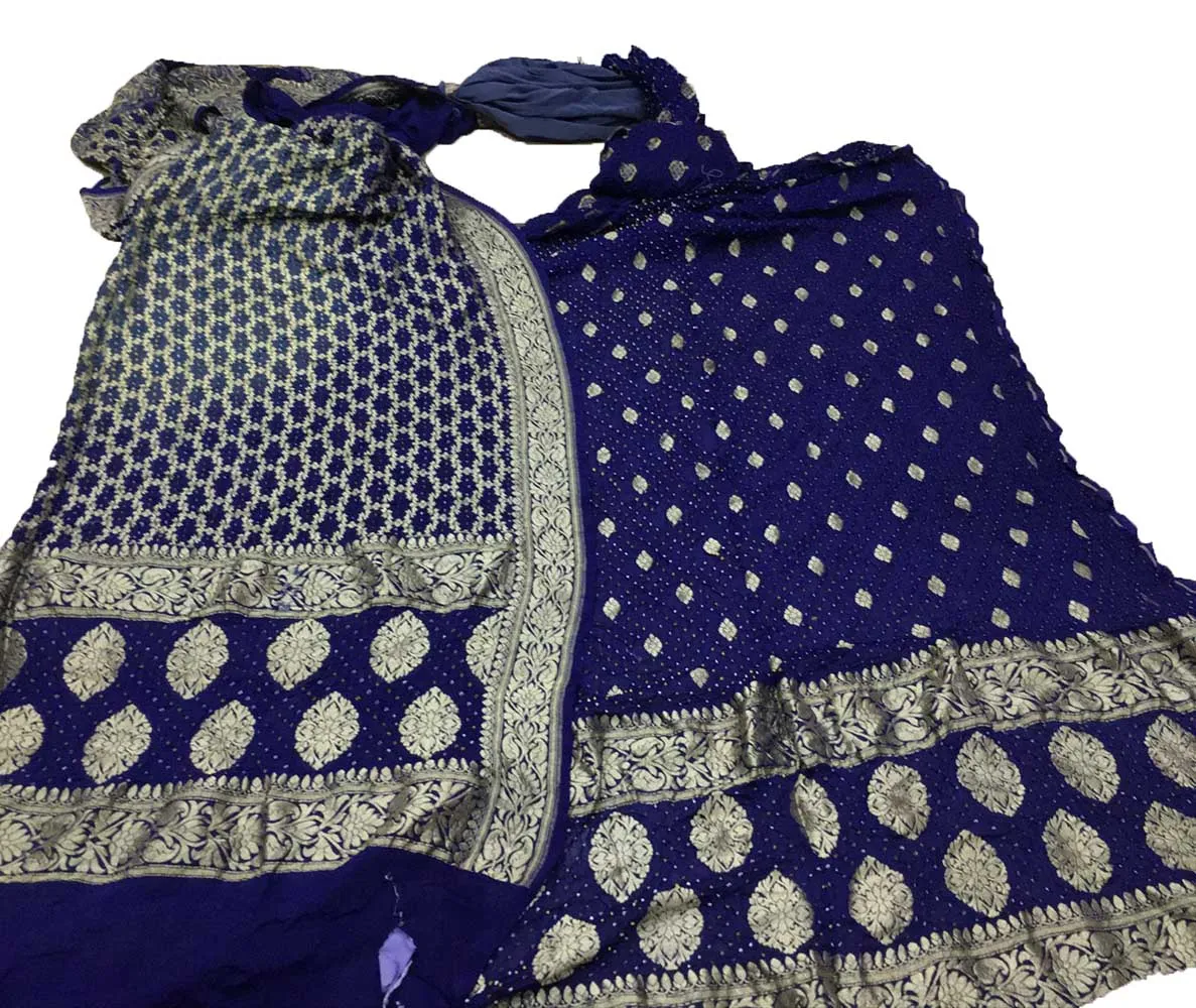 Blue Banarasi Bandhani Pure Georgette Three Piece Unstitched Suit Set