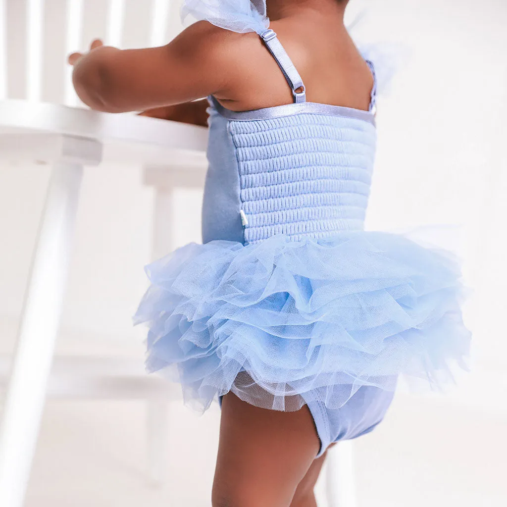 Blue Dew Tulle Smocked Bodysuit Dress