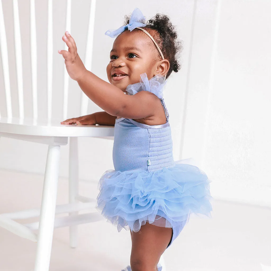 Blue Dew Tulle Smocked Bodysuit Dress