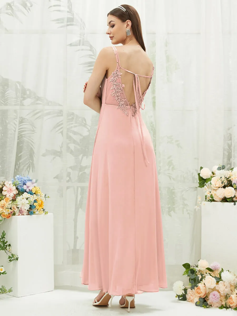 Blush Adjustable Straps Multi Way Open V Back Lace Applique Bridesmaid Dress