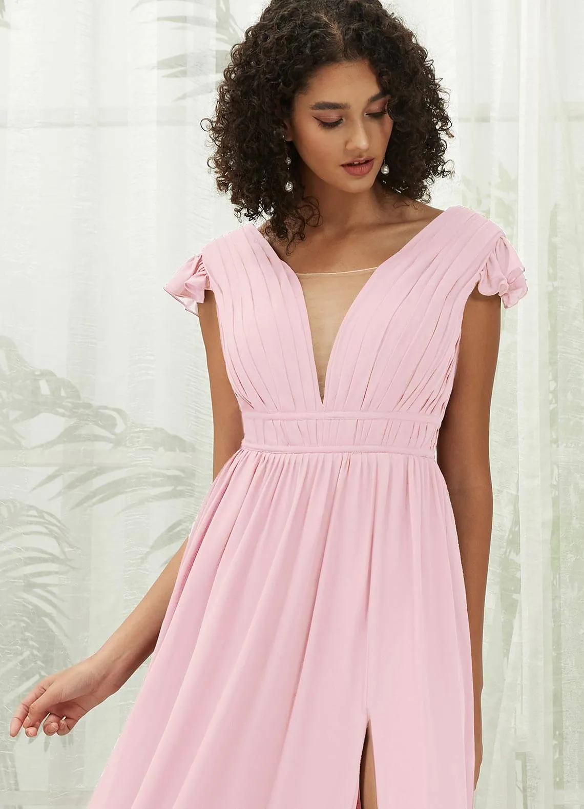 Blush Cap Sleeves Pleated V-Neck Chiffon Maxi Bridesmaid Dress