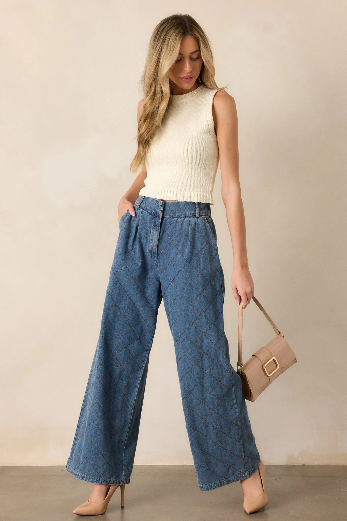 Born For This Dark Wash Quilted Wide Leg Jeans