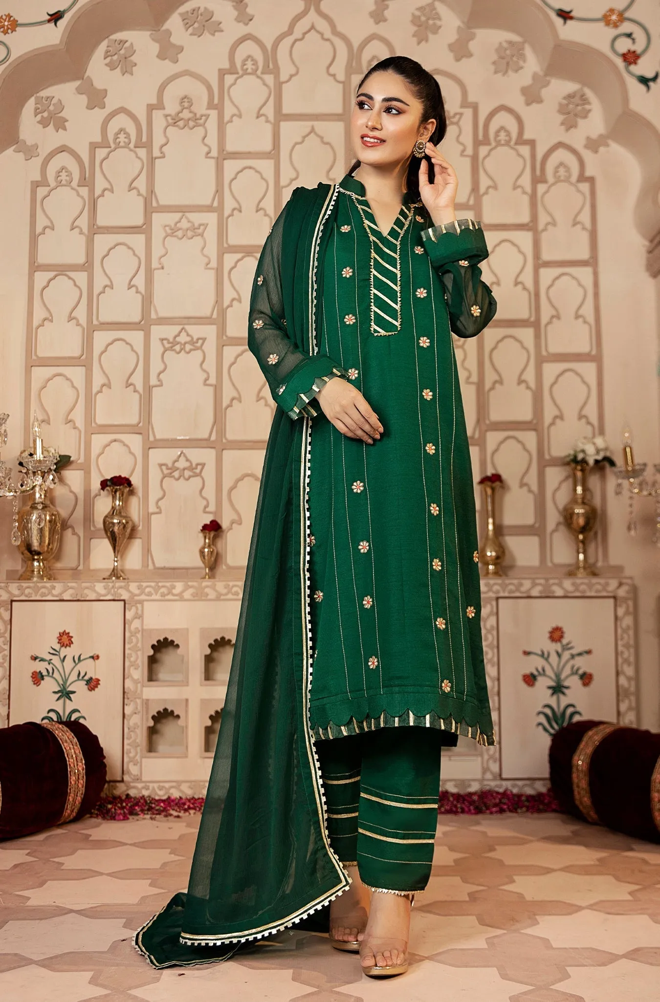 Bottle Green Embroidered Festive Suit (Roshan Aara)