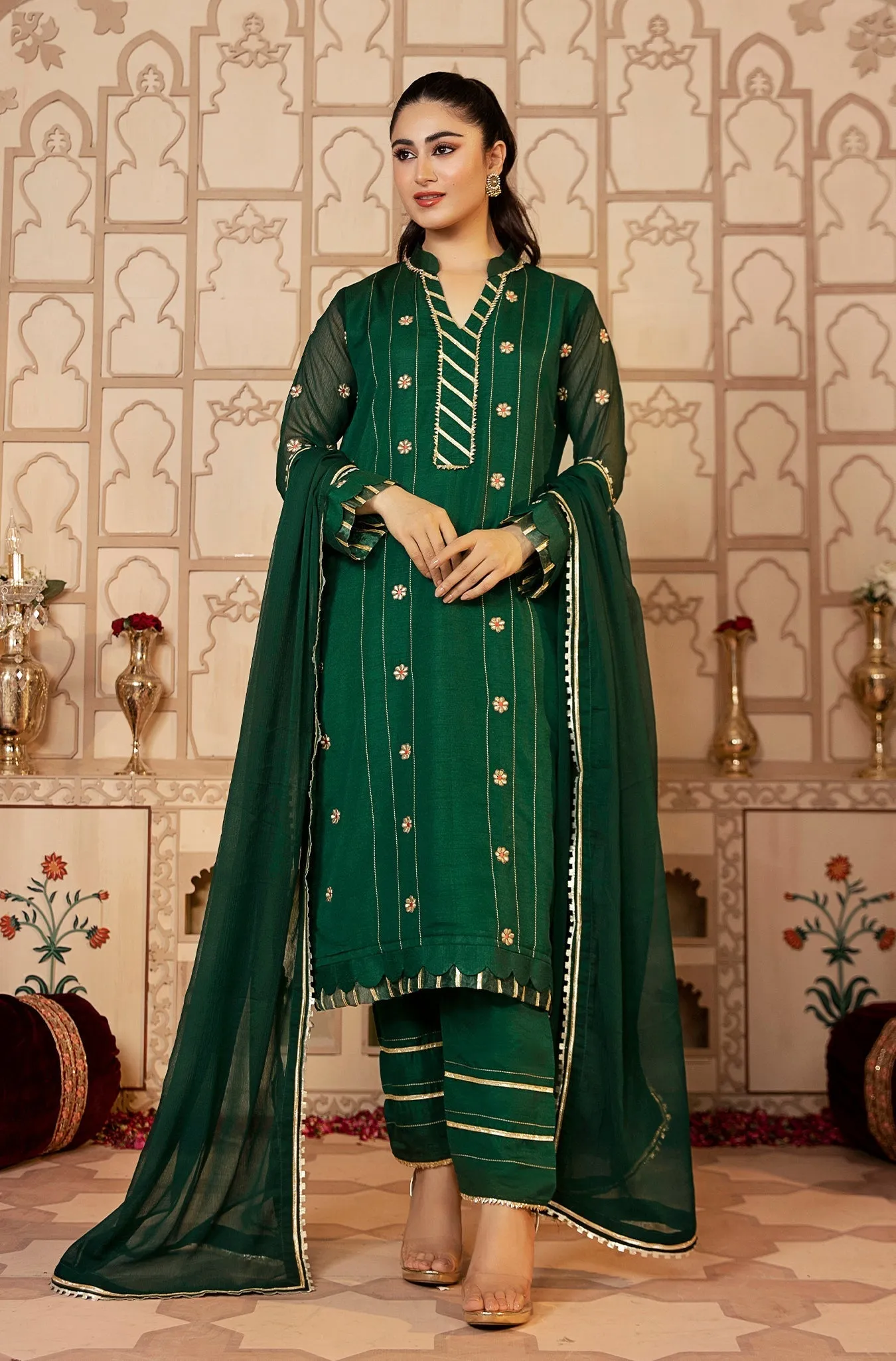 Bottle Green Embroidered Festive Suit (Roshan Aara)