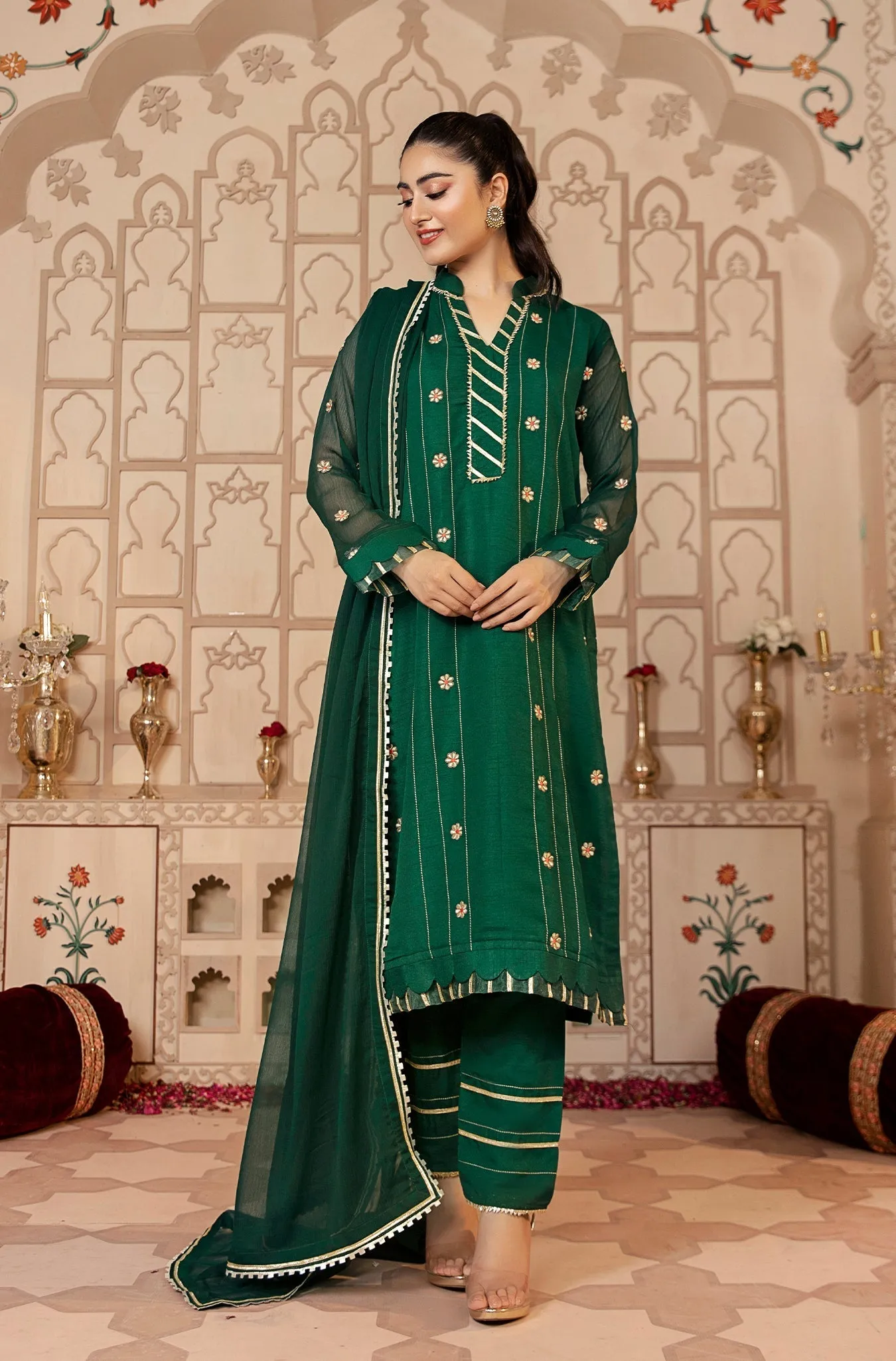 Bottle Green Embroidered Festive Suit (Roshan Aara)