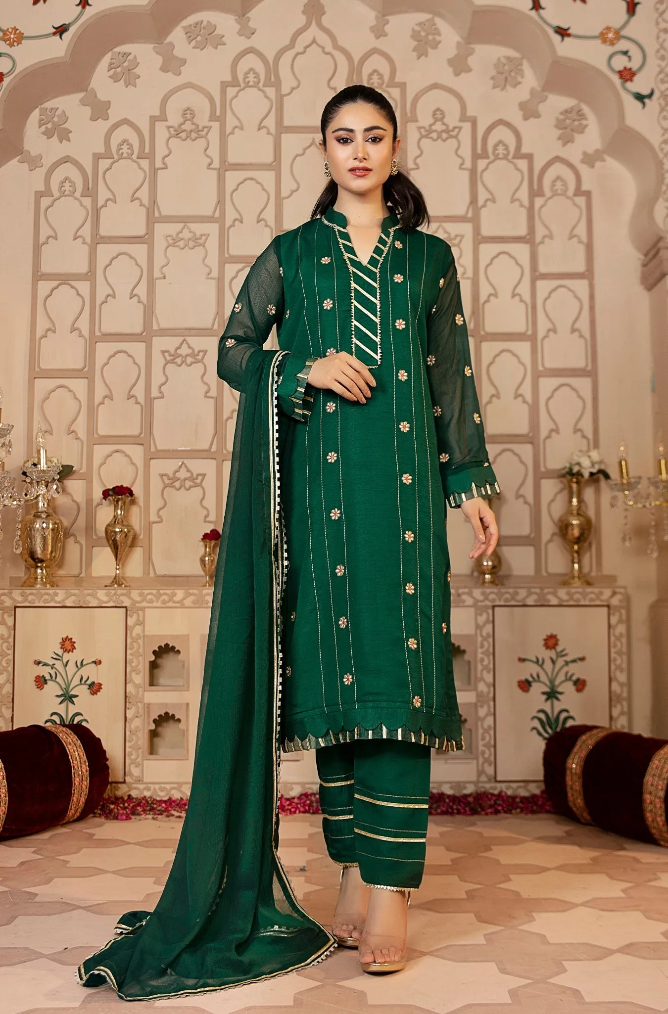 Bottle Green Embroidered Festive Suit (Roshan Aara)