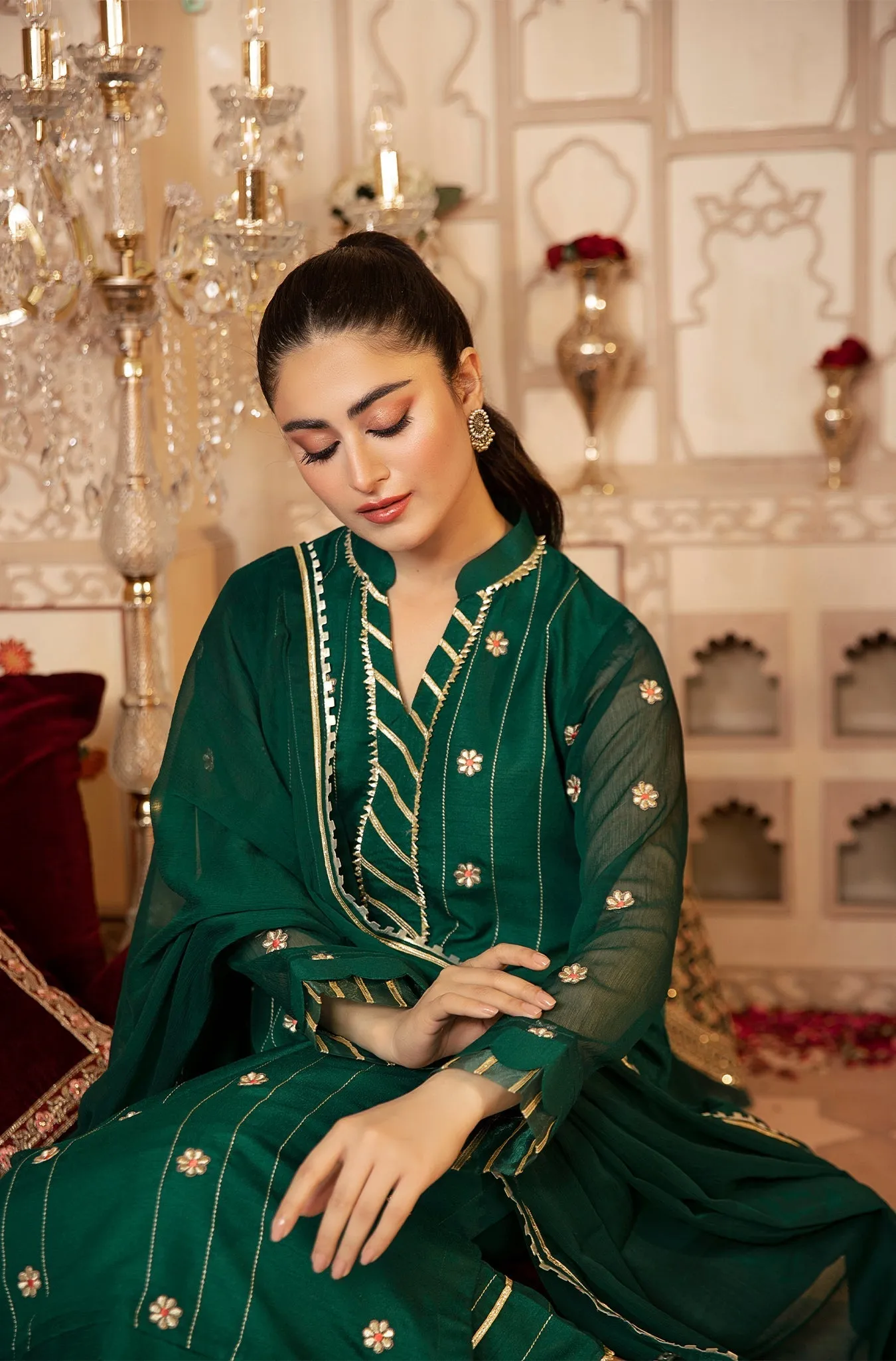 Bottle Green Embroidered Festive Suit (Roshan Aara)