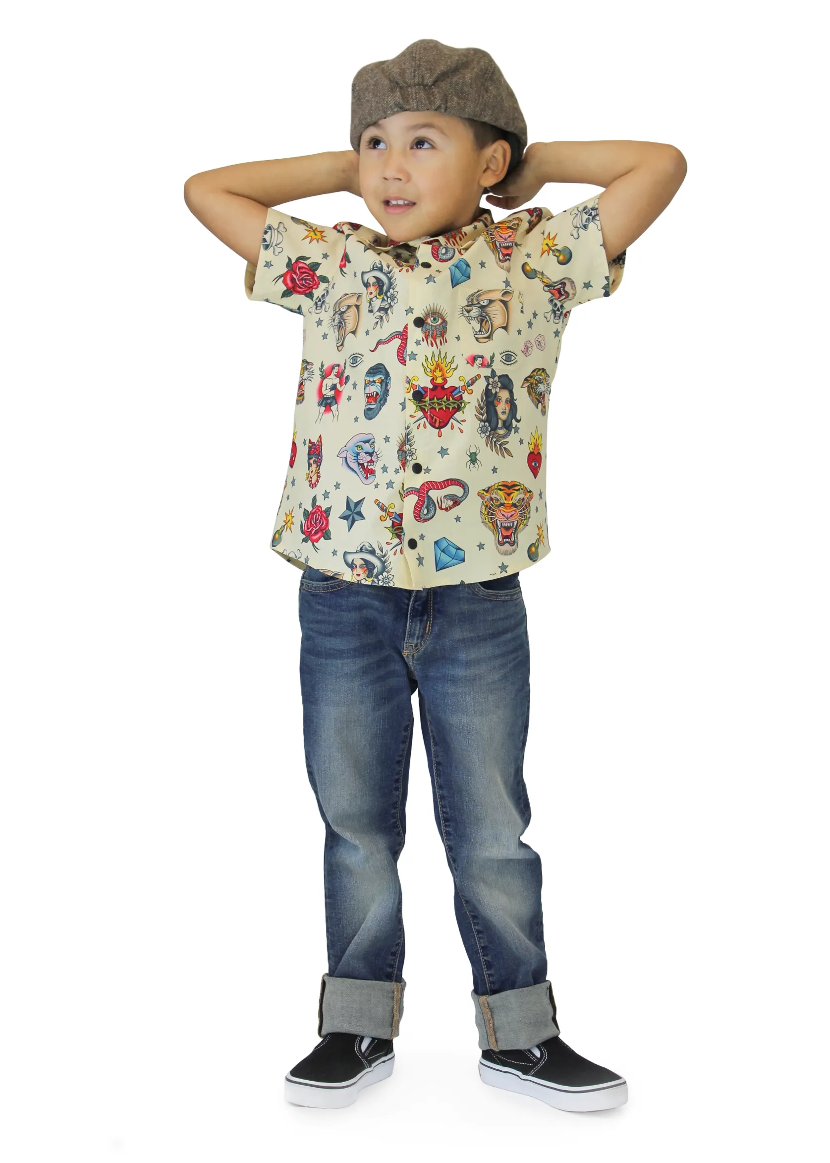 Boy's Rockabilly Feather and Fire Tattoo Top - Beige #FFTTB