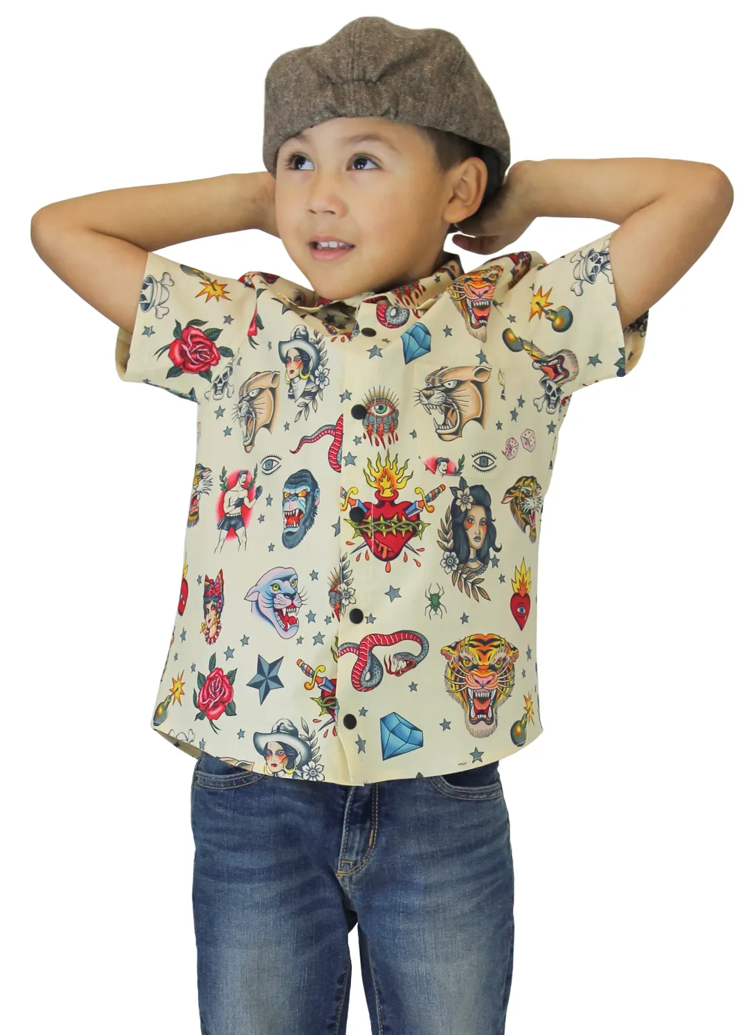 Boy's Rockabilly Feather and Fire Tattoo Top - Beige #FFTTB