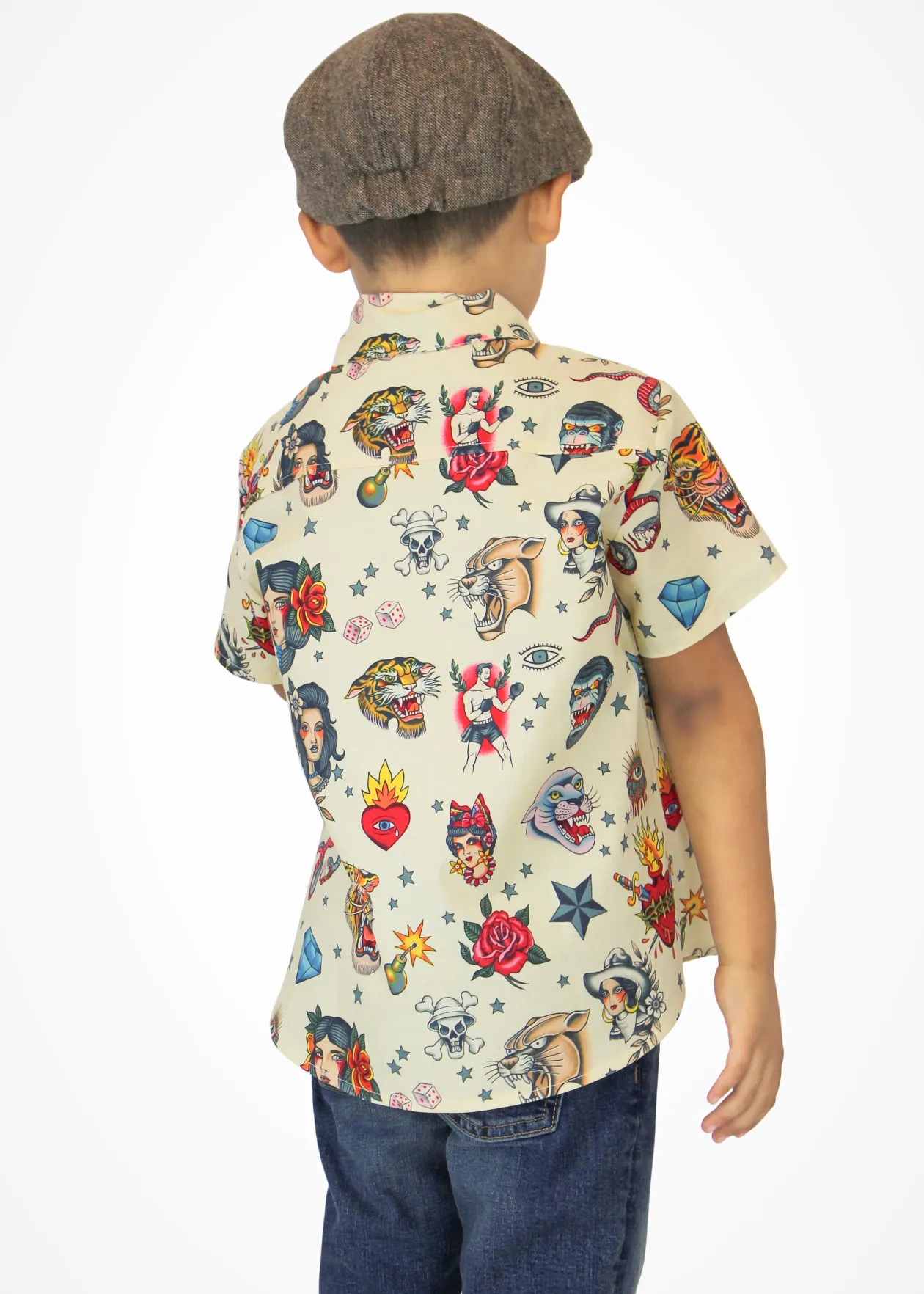 Boy's Rockabilly Feather and Fire Tattoo Top - Beige #FFTTB