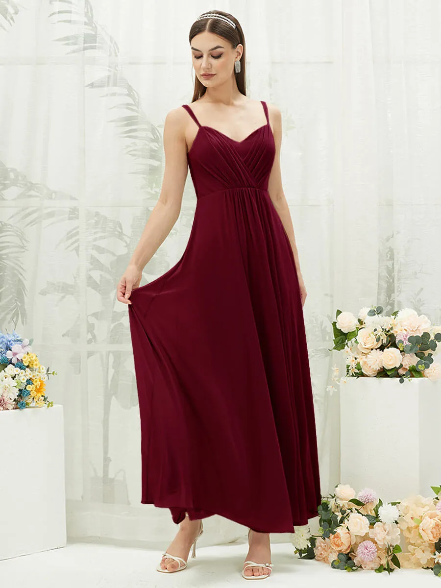 Burgundy Adjustable Straps Multi Way Open V Back Lace Applique Bridesmaid Dress