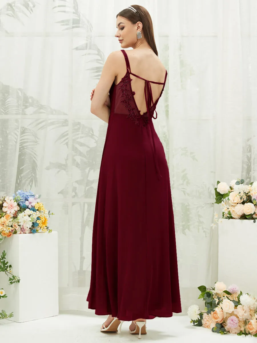 Burgundy Adjustable Straps Multi Way Open V Back Lace Applique Bridesmaid Dress