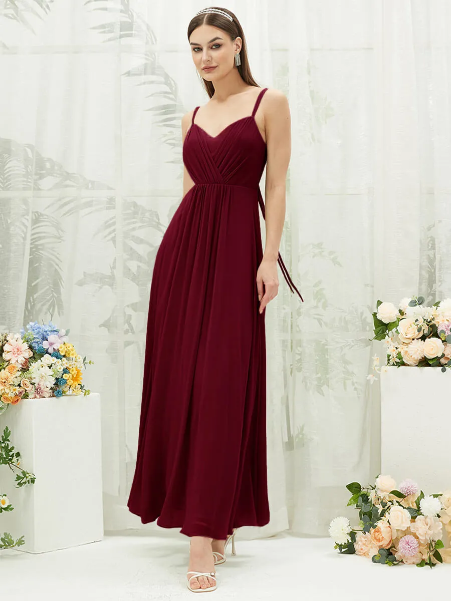 Burgundy Adjustable Straps Multi Way Open V Back Lace Applique Bridesmaid Dress