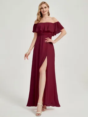 Burgundy Convertible Off Shoulder Slit Chiffon Bridesmaid Maxi Dress