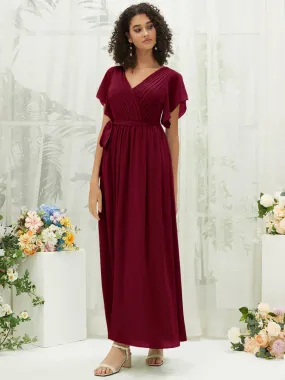 Burgundy Short Sleeves Floor Length Silky Chiffon Bridesmaid Dress