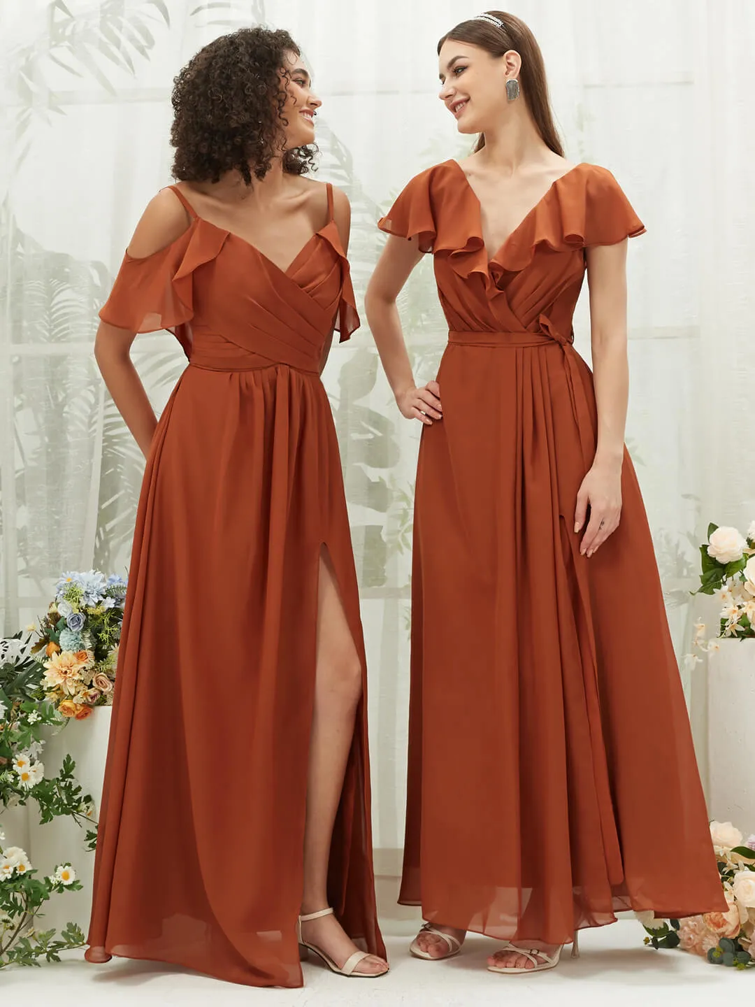 Burnt Orange Chiffon Ruffle Sleeve V-Neck Slit Maxi Bridesmaid Dress