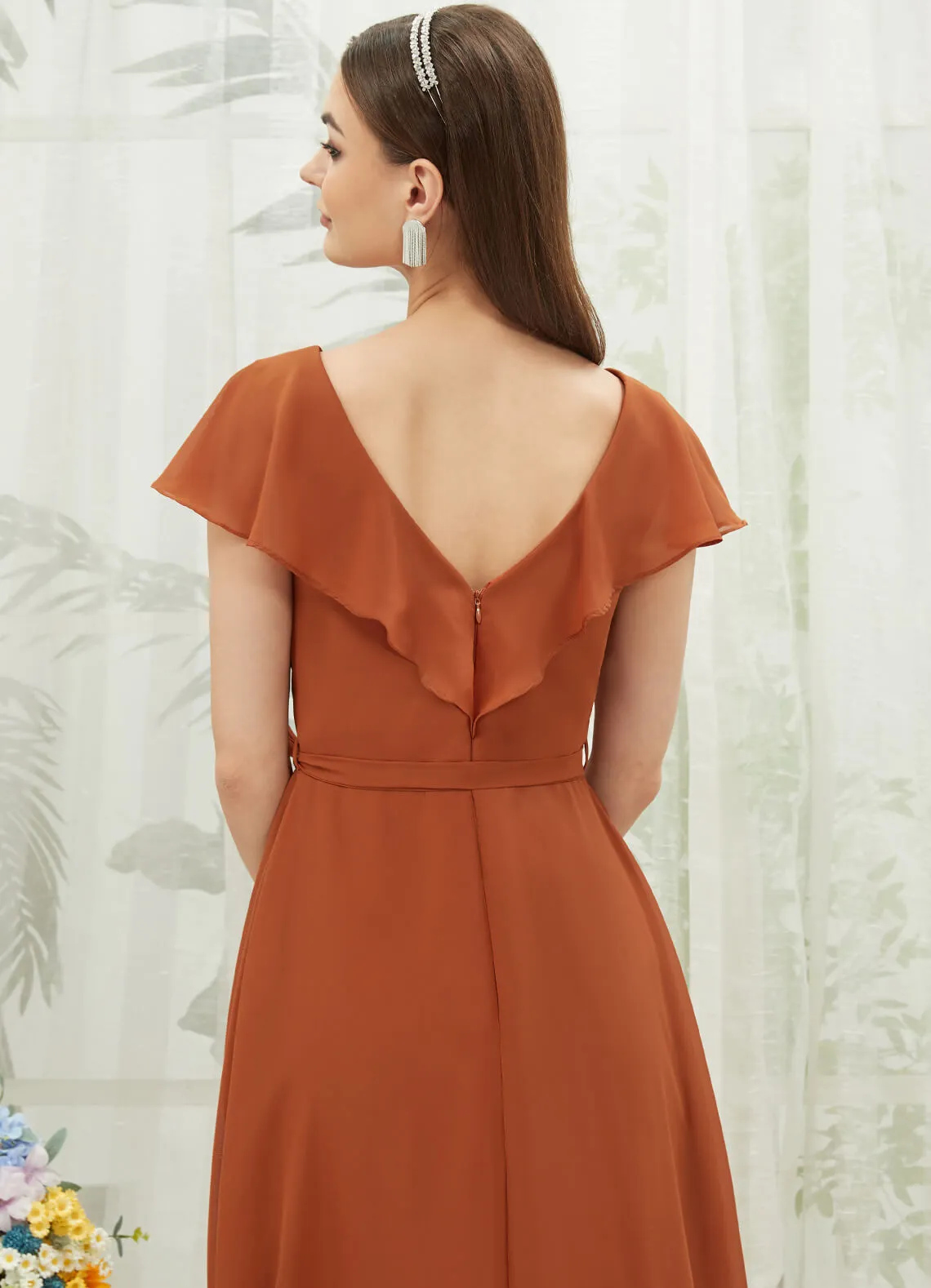 Burnt Orange Chiffon Ruffle Sleeve V-Neck Slit Maxi Bridesmaid Dress