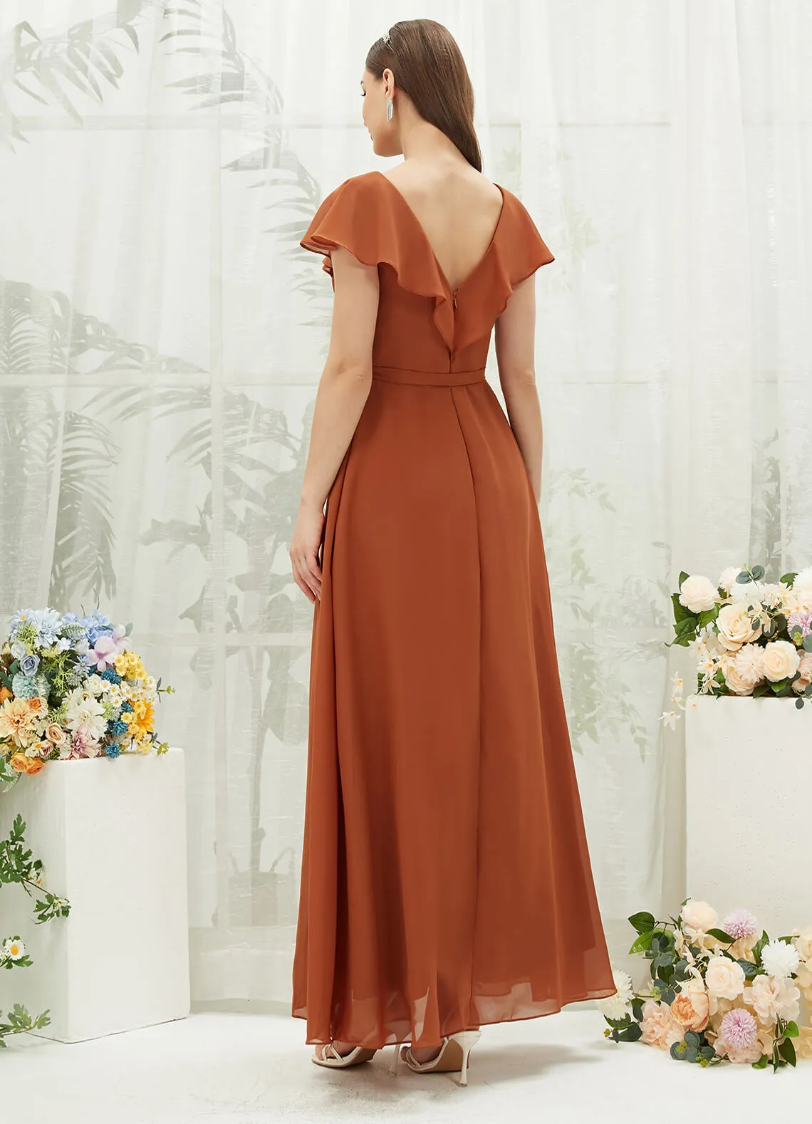 Burnt Orange Chiffon Ruffle Sleeve V-Neck Slit Maxi Bridesmaid Dress