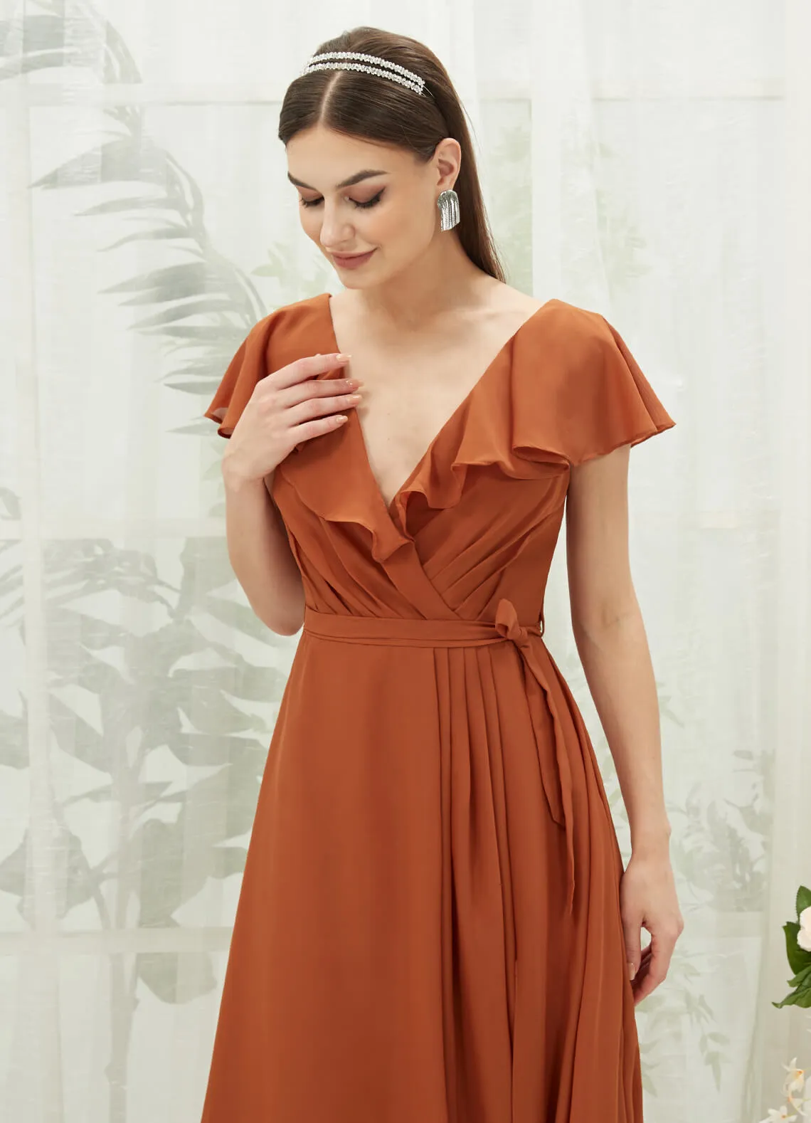 Burnt Orange Chiffon Ruffle Sleeve V-Neck Slit Maxi Bridesmaid Dress