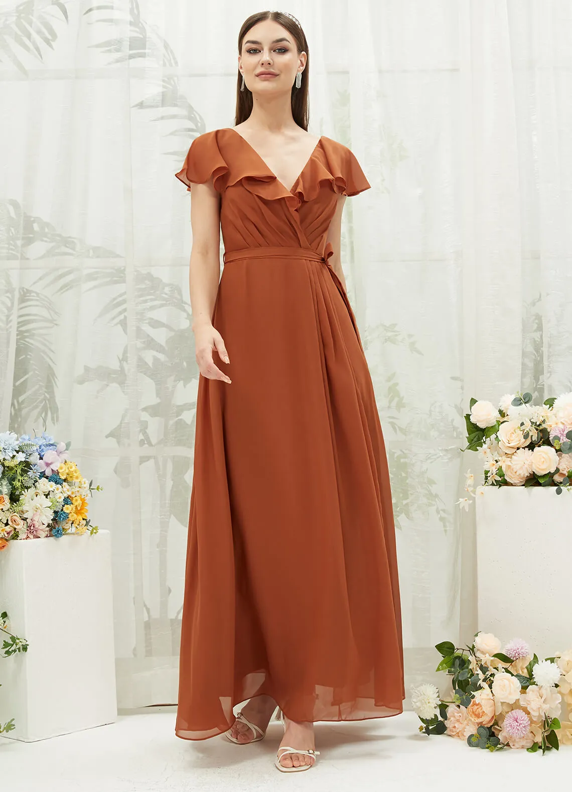 Burnt Orange Chiffon Ruffle Sleeve V-Neck Slit Maxi Bridesmaid Dress