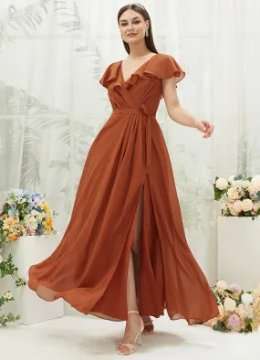 Burnt Orange Chiffon Ruffle Sleeve V-Neck Slit Maxi Bridesmaid Dress