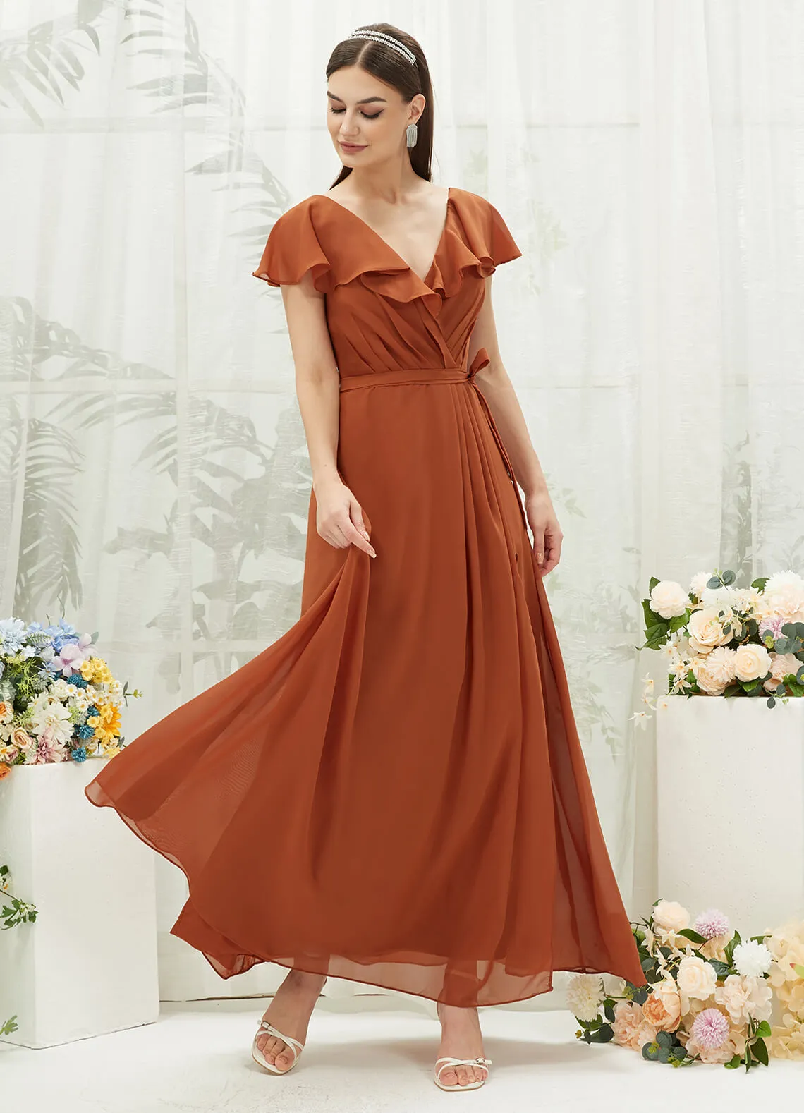 Burnt Orange Chiffon Ruffle Sleeve V-Neck Slit Maxi Bridesmaid Dress