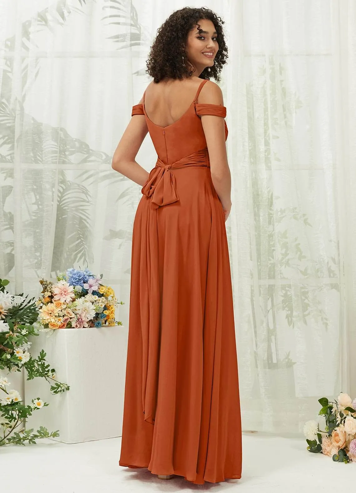 Burnt Orange Sweetheart Chiffon Convertible Bridesmaid Dress Pocket