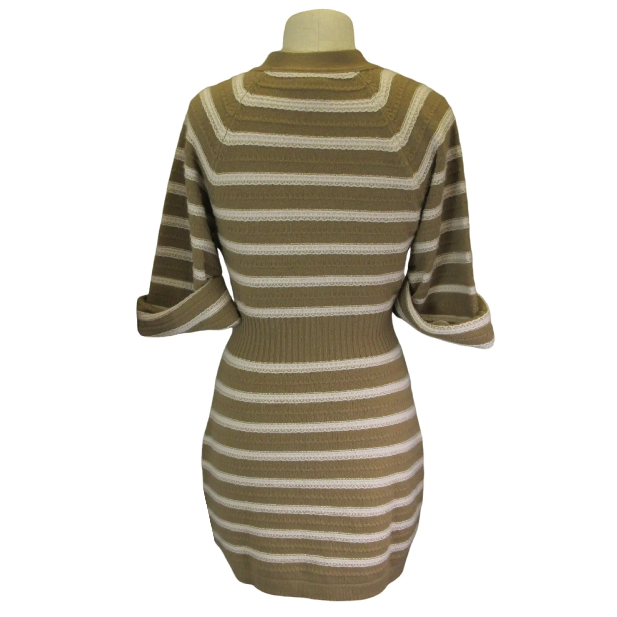 Chanel Tan / Ivory Striped Button-down Cashmere Knit Sweater Dress