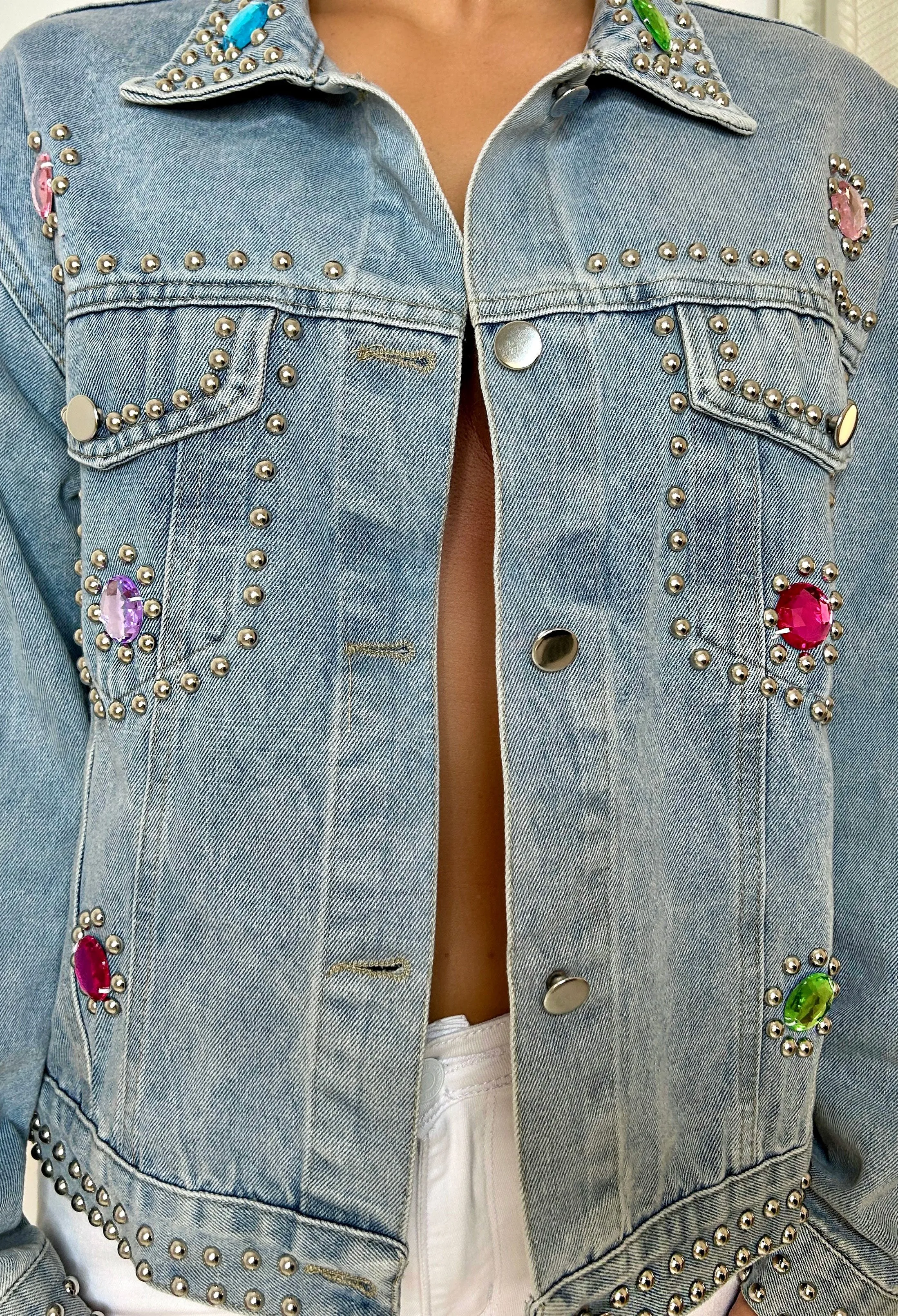 Charmed Life Mid Blue Multi Coloured Studs Denim Jacket