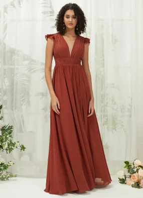 Cinnamon Rose Cap Sleeves Pleated V-Neck Chiffon Maxi Bridesmaid Dress