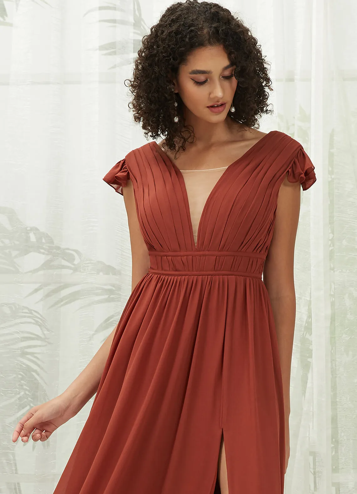 Cinnamon Rose Cap Sleeves Pleated V-Neck Chiffon Maxi Bridesmaid Dress