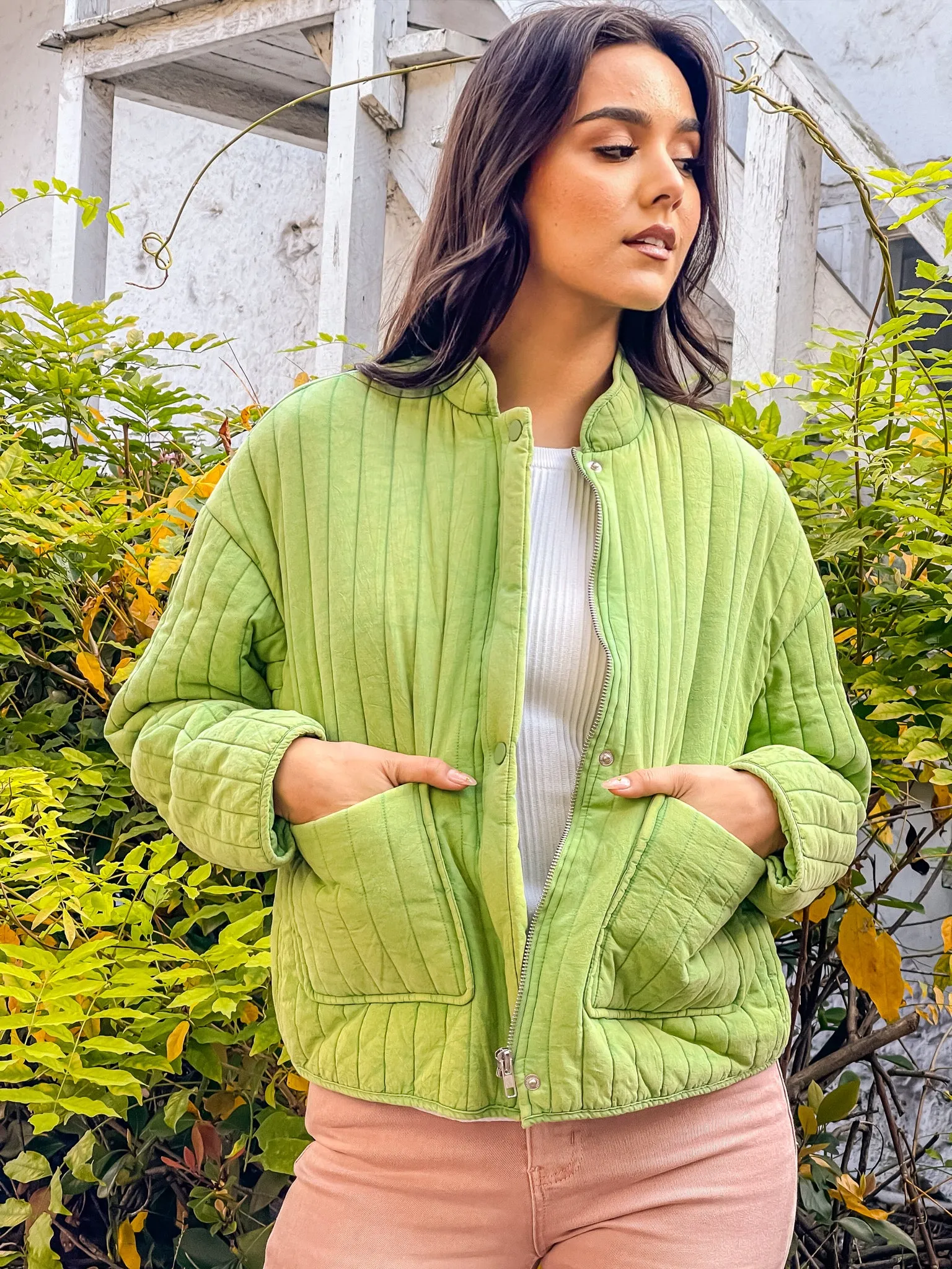 Citrine Zip Quilted Jacket - Vintage Lime