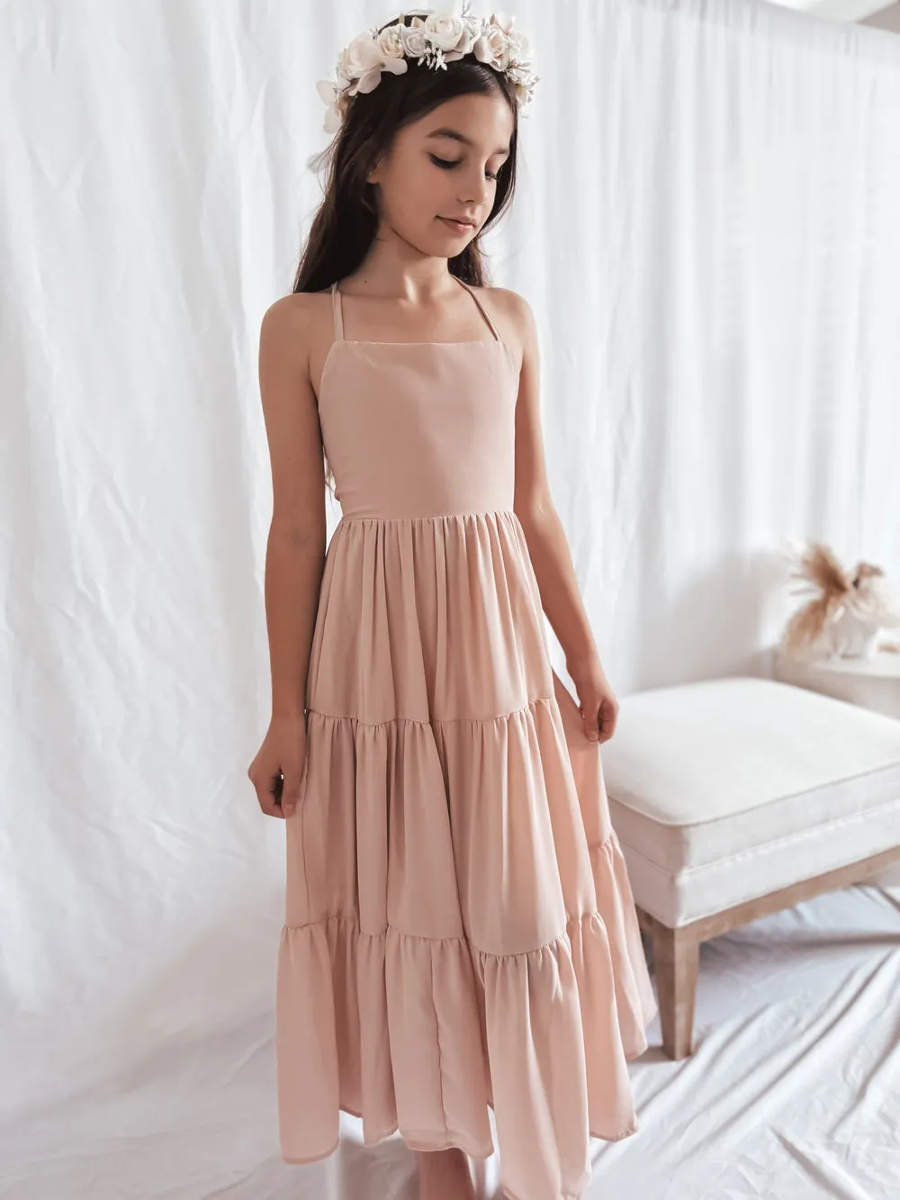 Clara Chiffon Girls Maxi Dress Blush Pink