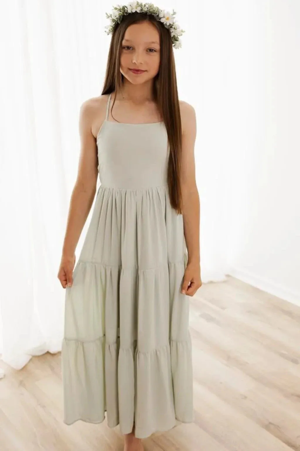 Clara Chiffon Girls Maxi Dress Sage Green