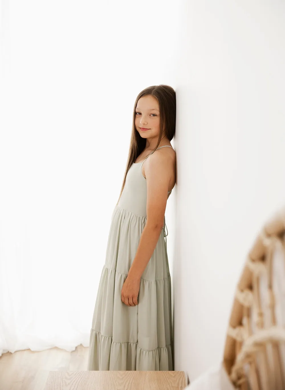 Clara Chiffon Girls Maxi Dress Sage Green