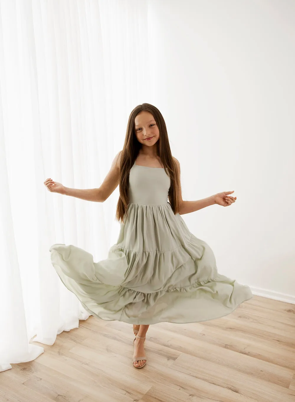 Clara Chiffon Girls Maxi Dress Sage Green