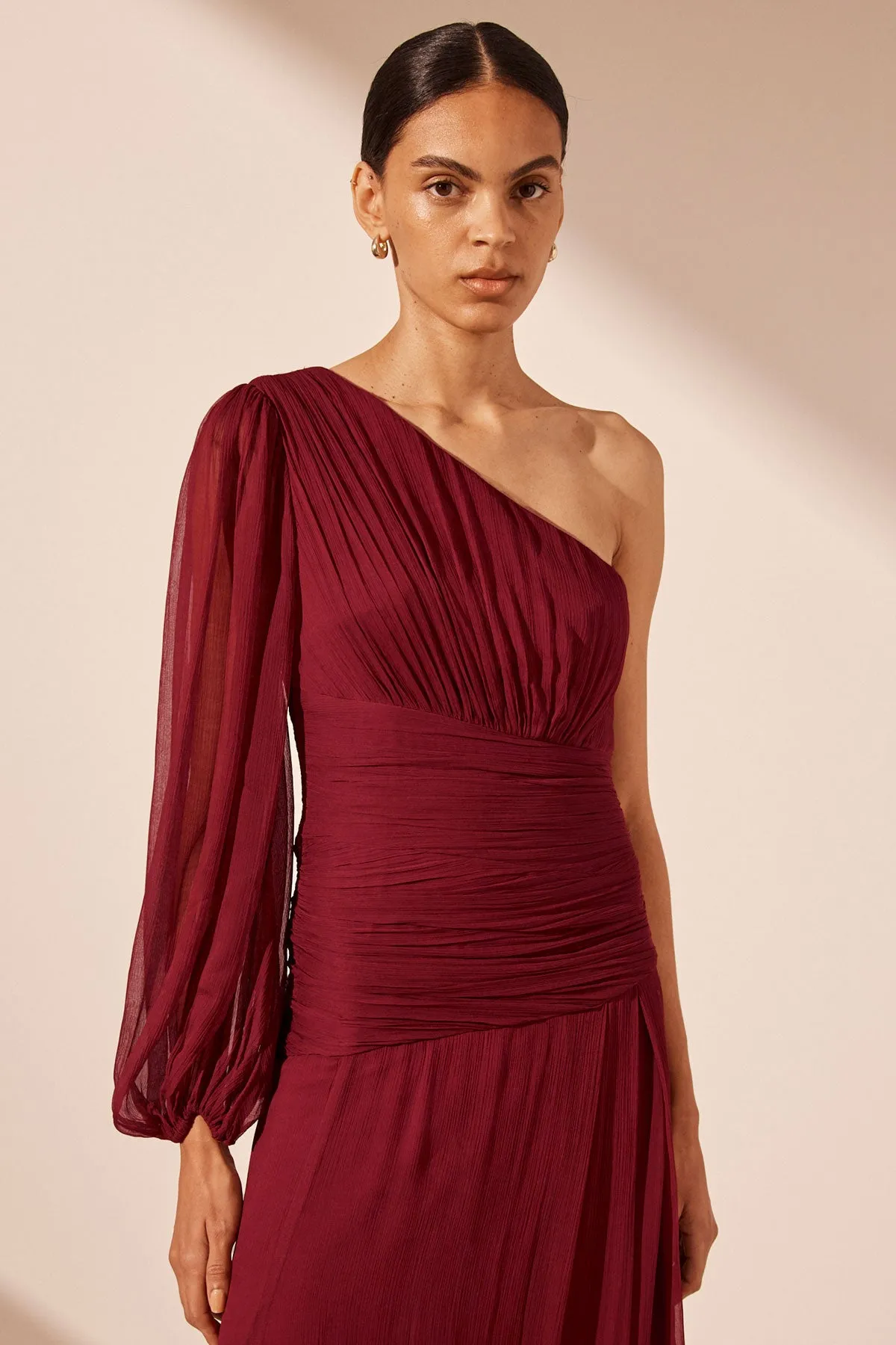 CLAUDE ONE SHOULDER SIDE SPLIT MAXI DRESS - SANGRIA