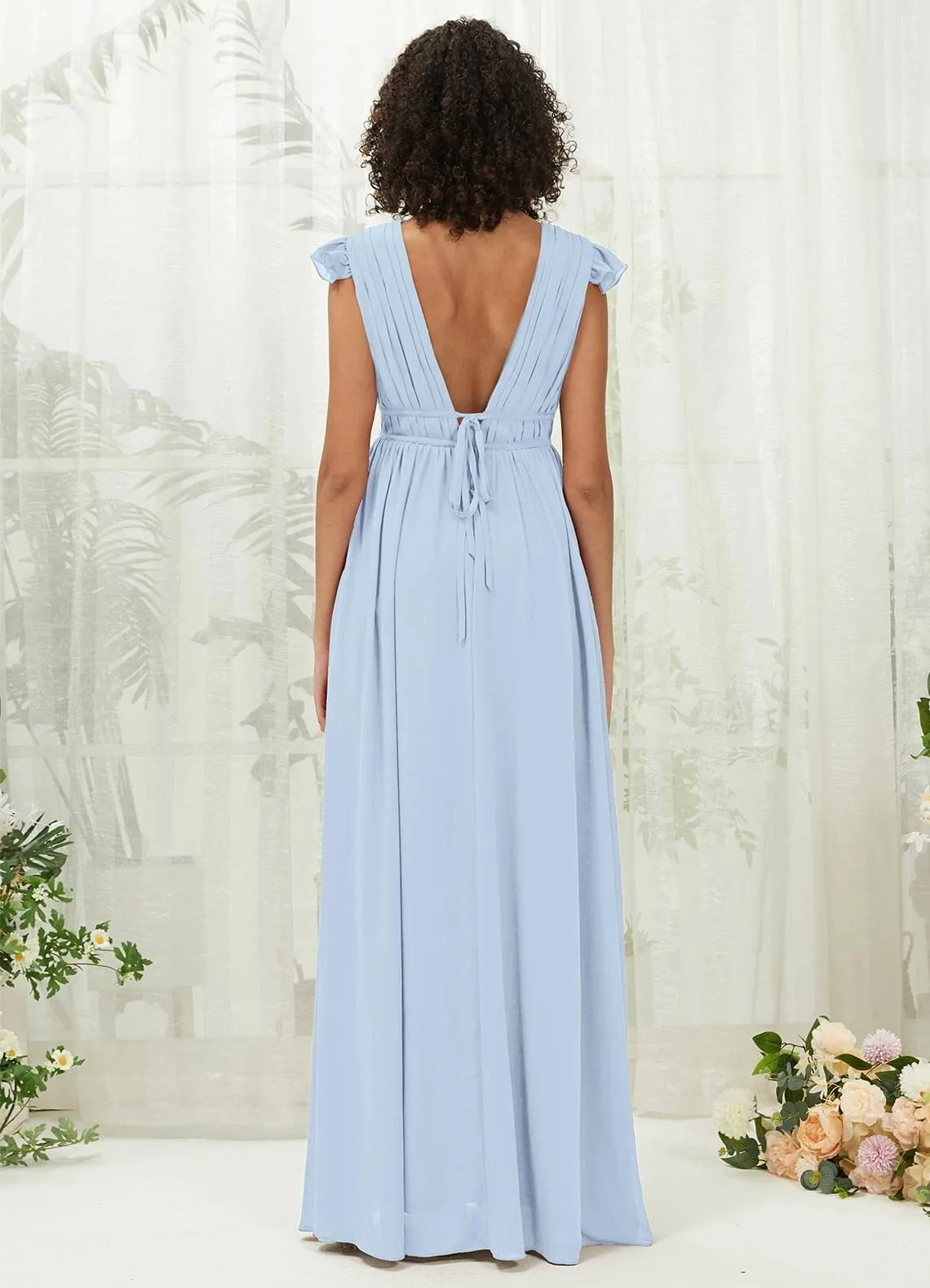 Cornflower Blue Cap Sleeves Pleated V-Neck Chiffon Maxi Bridesmaid Dress