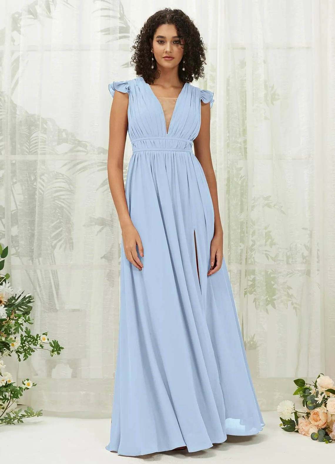 Cornflower Blue Cap Sleeves Pleated V-Neck Chiffon Maxi Bridesmaid Dress