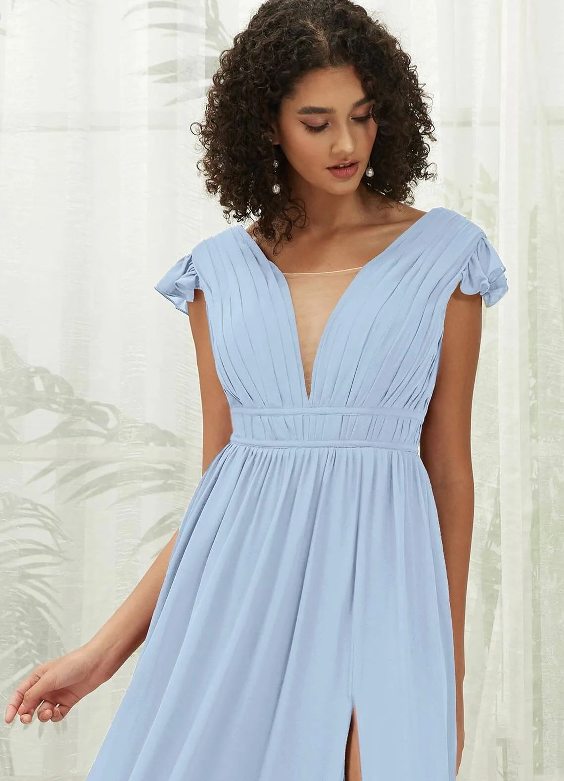 Cornflower Blue Cap Sleeves Pleated V-Neck Chiffon Maxi Bridesmaid Dress