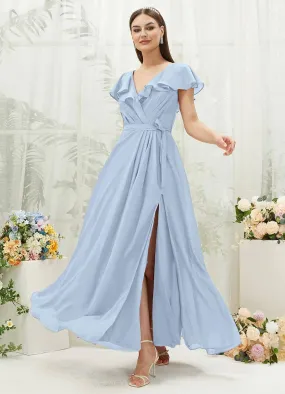 Cornflower Blue Chiffon Ruffle Sleeve V-Neck Slit Maxi Bridesmaid Dress