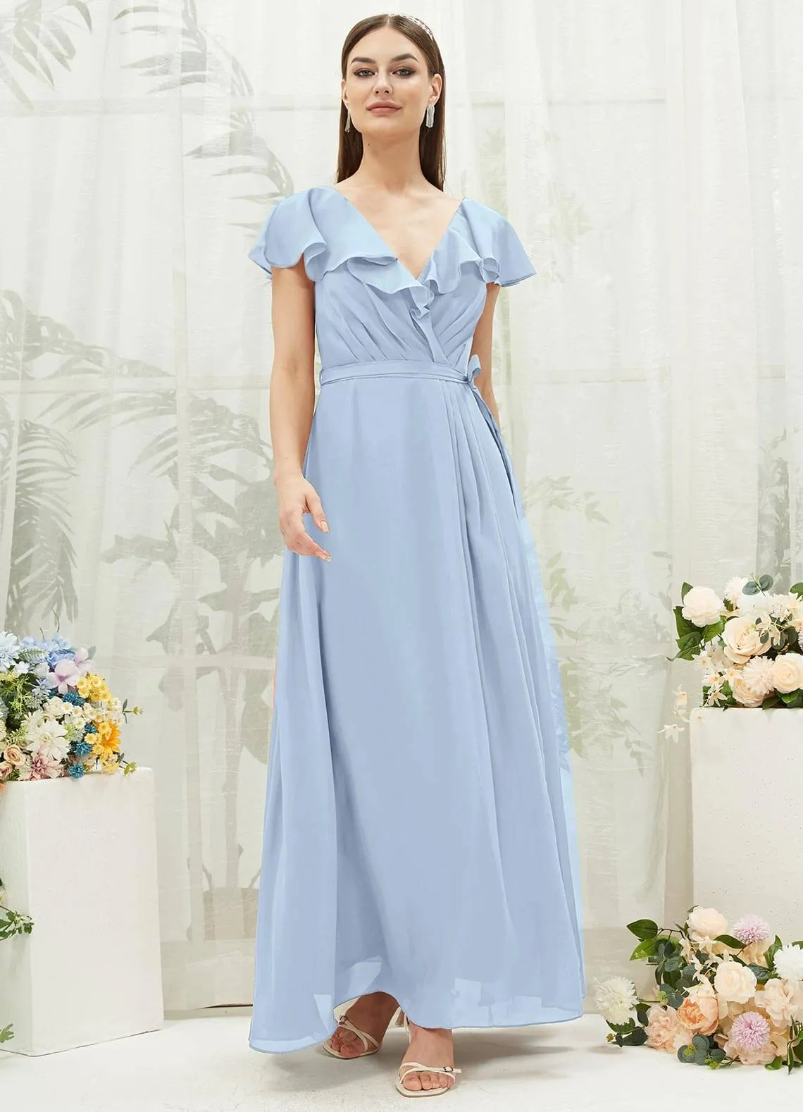 Cornflower Blue Chiffon Ruffle Sleeve V-Neck Slit Maxi Bridesmaid Dress