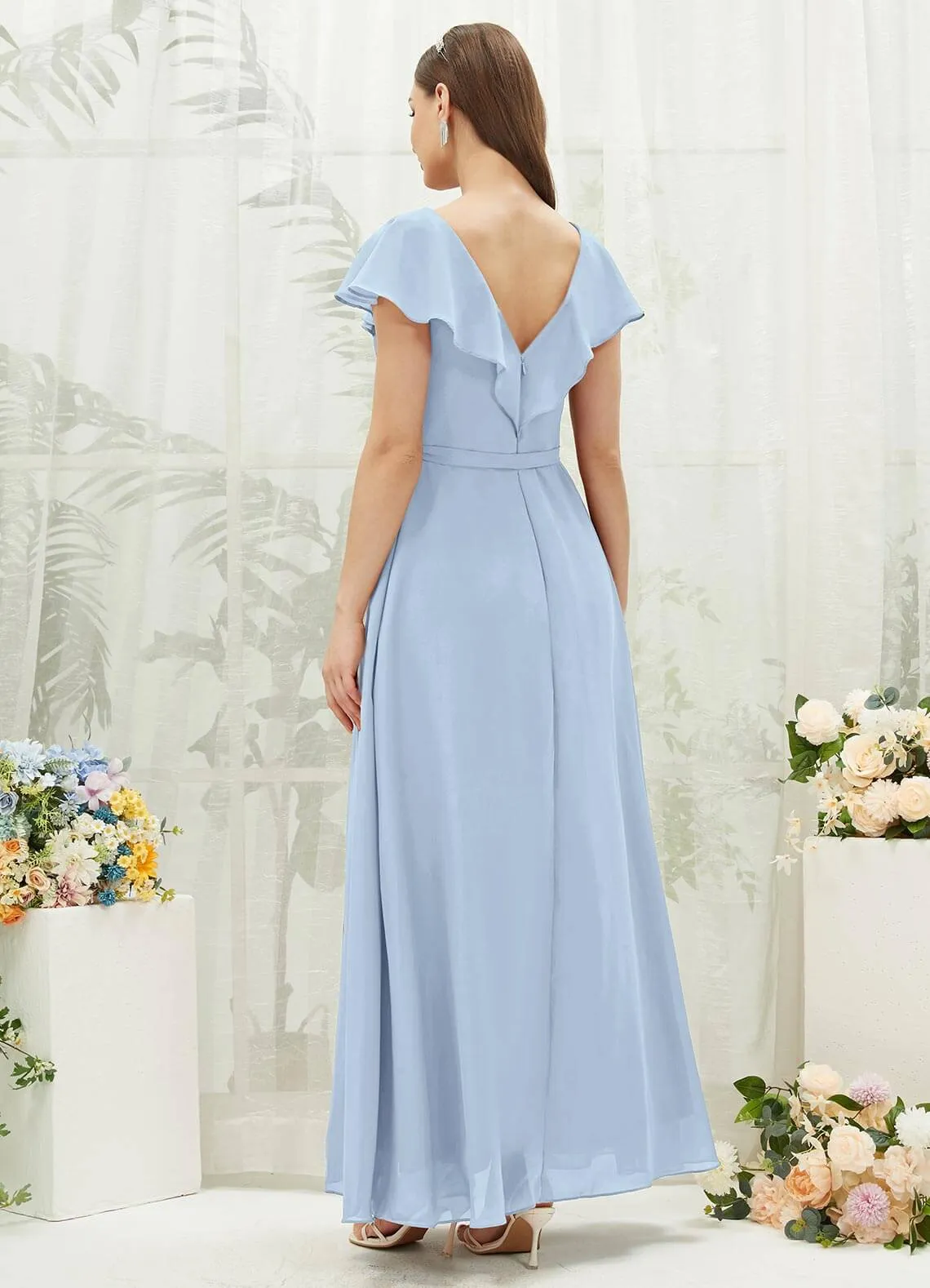 Cornflower Blue Chiffon Ruffle Sleeve V-Neck Slit Maxi Bridesmaid Dress