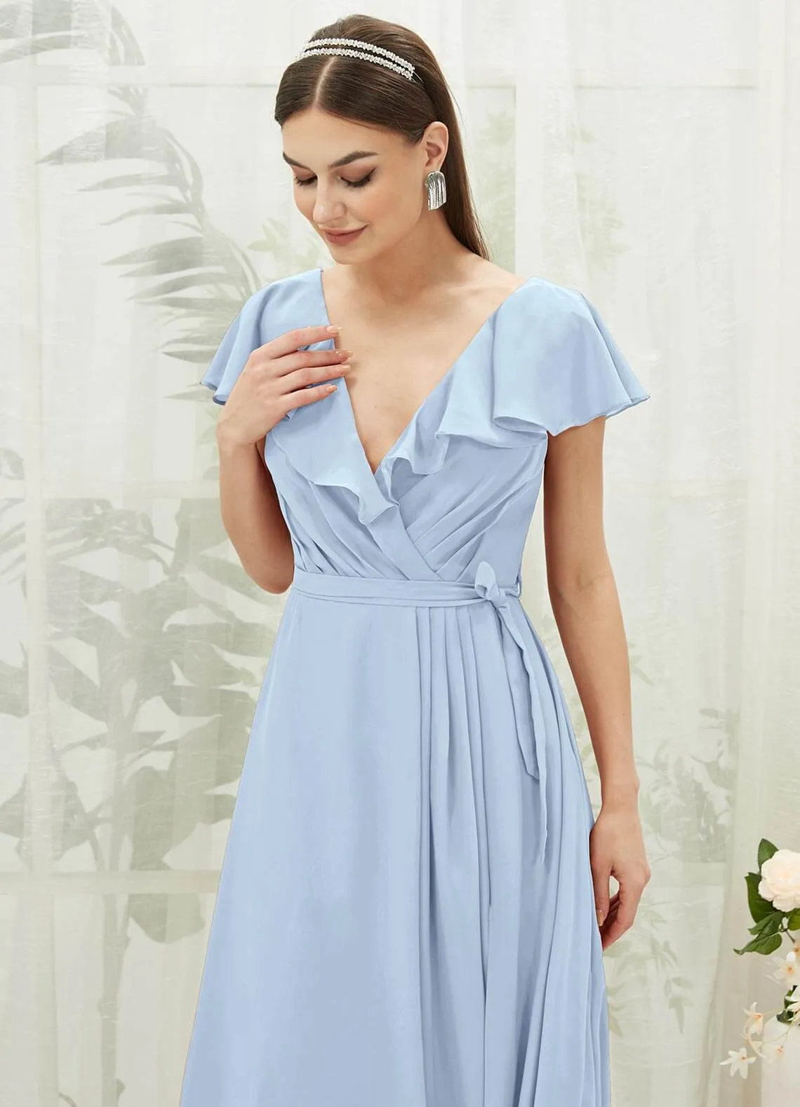 Cornflower Blue Chiffon Ruffle Sleeve V-Neck Slit Maxi Bridesmaid Dress