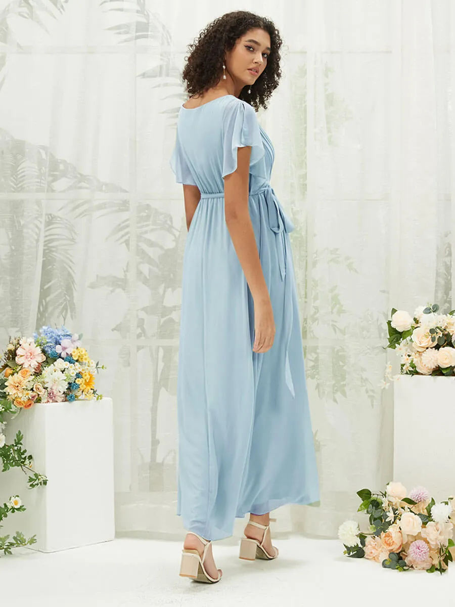 Cornflower Blue Short Sleeves Floor Length Silky Chiffon Bridesmaid Dress