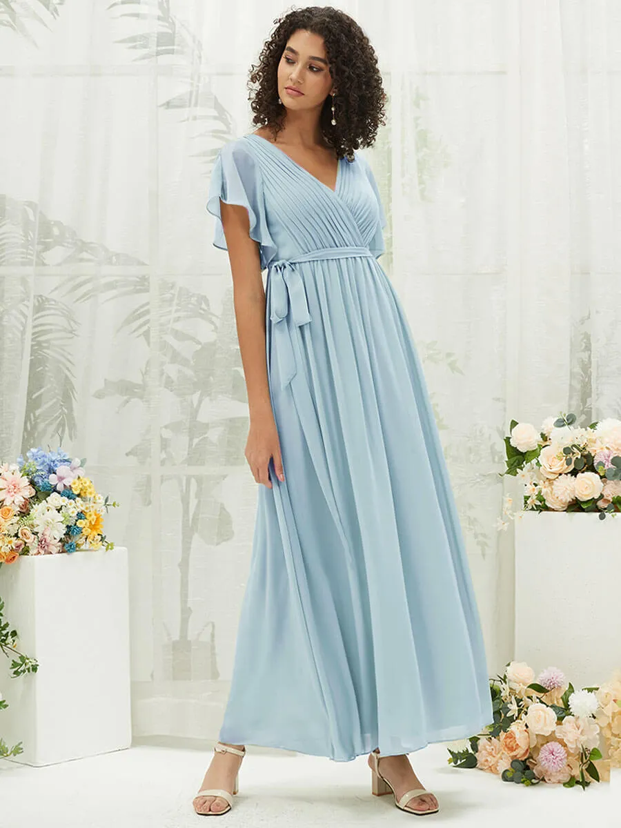 Cornflower Blue Short Sleeves Floor Length Silky Chiffon Bridesmaid Dress