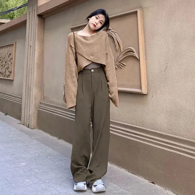 Cross Knit Sweater Shirt High Waist Pants Three Piece Set