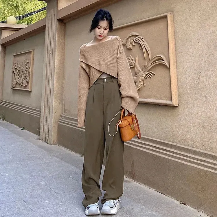 Cross Knit Sweater Shirt High Waist Pants Three Piece Set