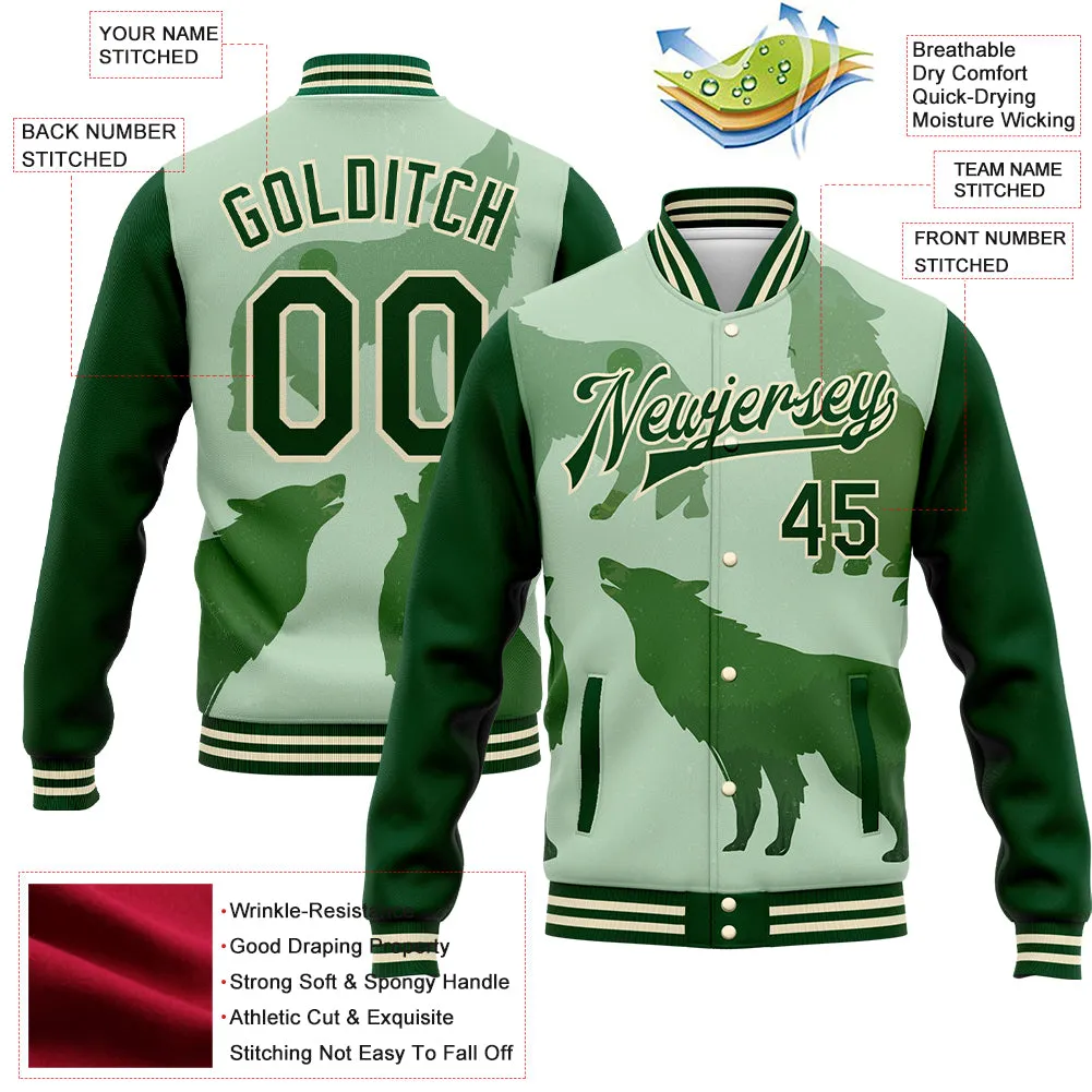 Custom Green Cream Wolf 3D Pattern Design Bomber Full-Snap Varsity Letterman Jacket