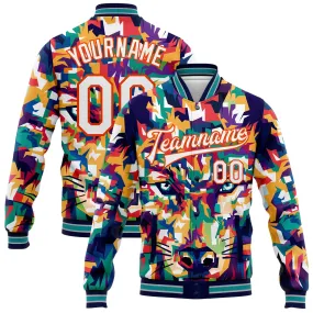 Custom Navy White-Orange Colorful Wolf 3D Pattern Design Bomber Full-Snap Varsity Letterman Jacket